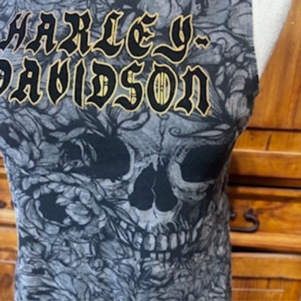 Harley-Davidson Skull Floral Muscle Tank Black Grey Sleeveless Moto Top Size M - Picture 2 of 6